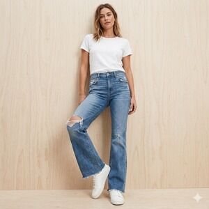 American Eagle Super Hi-Rise Flare Jeans Womens 10 Blue Distressed Raw Hem